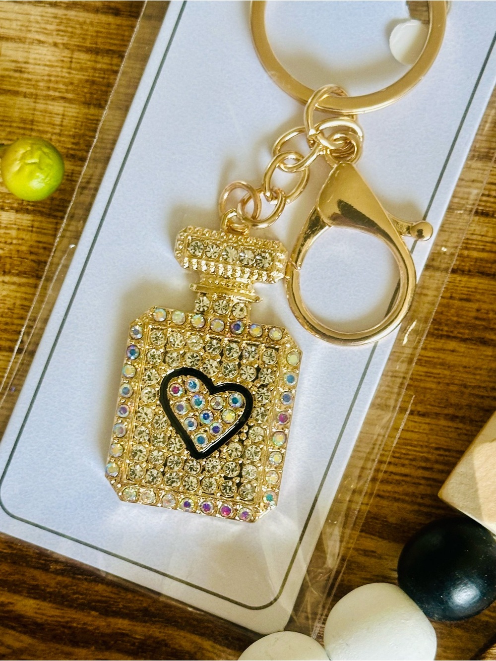 NWT Gold Crystal Bag Charm Keychain  Perfume Bottle w/ Black Enameled Heart